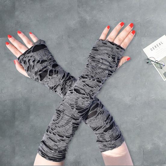 1 Pair Thumbhole Design Long Halloween Fingerless Gloves Casual Ripped Holes Decor Adult Cosplay Gloves Punk Style Arm Sleeves