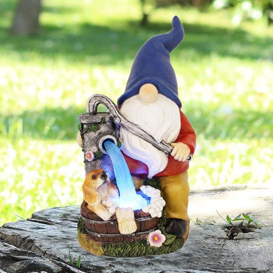 Solar Pumping Gnome Figurine with Light Washing Dog Dwarf Elf Resin Statue Sculpture Outdoor Garden Porch Yard Lawn Decoration Ornament