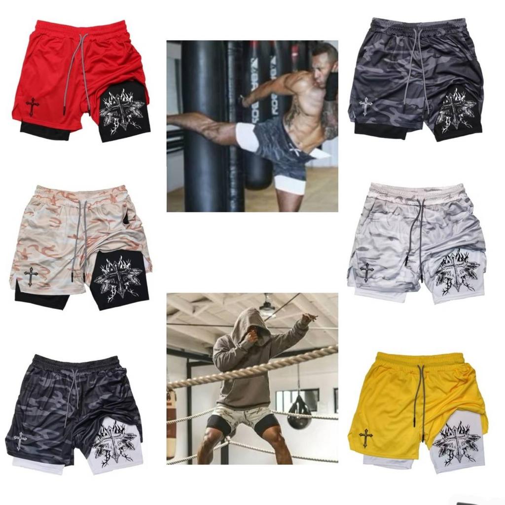 Muay Thai Kick Boxing MMA Shorts Cross Christian Camouflage God Men Women Unisex Double Layer Quick Dry Breathable Sport Gym Fitness Workout