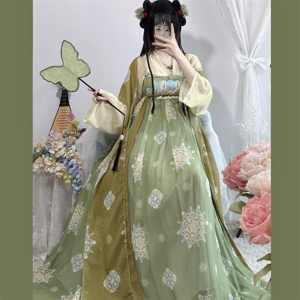 Chinese Tang Dynasty Style Print Restored Hanfu One-piece Chest-length Skirt Suit For Women