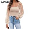 Summer Women's Blouse Fashion See-through Lantern Sleeve Splicing Slimming Top