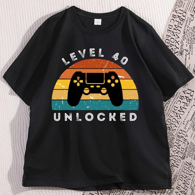 Level 40 Unlocked 40th Birthday Tshirt Men Women Vintage Short Sleeve 40th Years Tshirt Loose Round Neck Tees