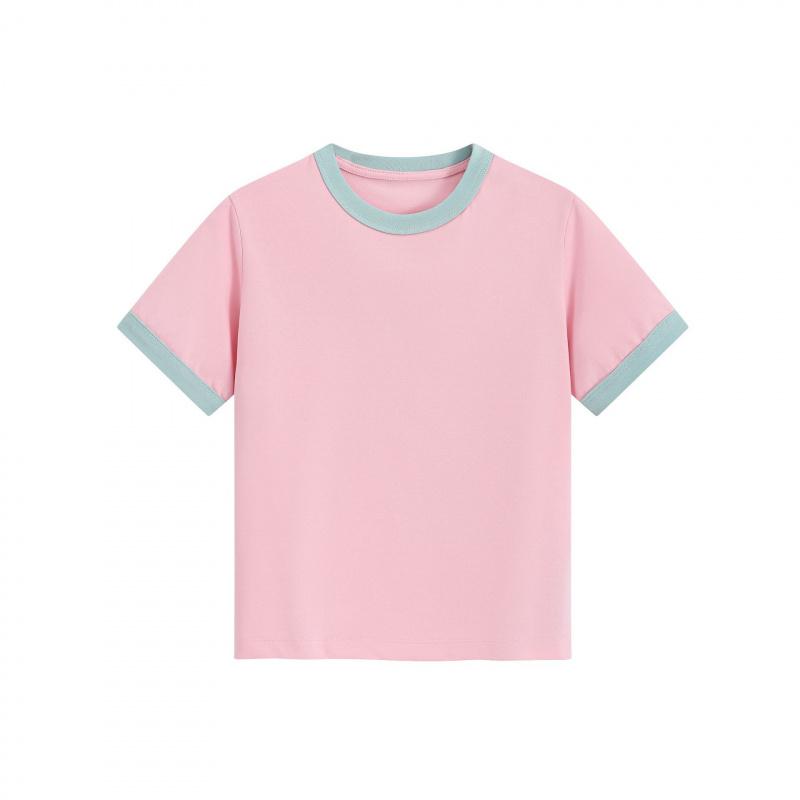 Heavyweight color-blocked round-neck women's simple versatile short-sleeve T-shirt, regular shoulder, cropped slim-fit top