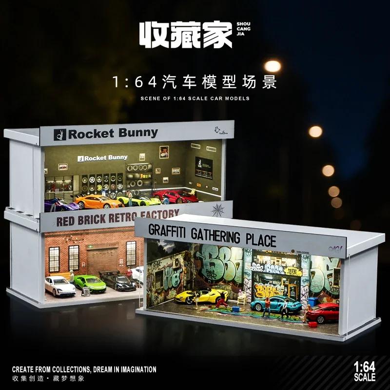 Collector 1/64 Auto Repair Shop Miniature Scene Model Simulation Parking Lot with Lights Garage Storage Display Box