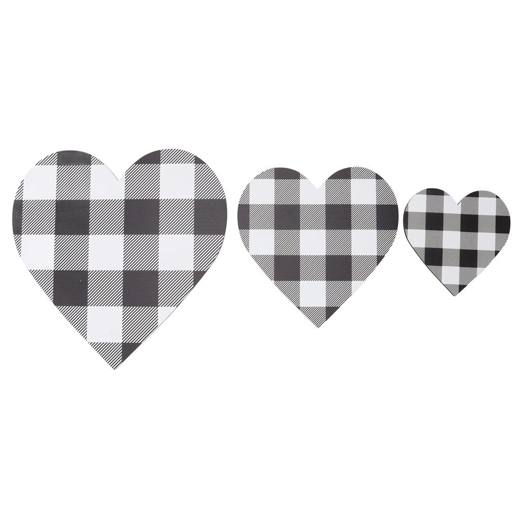 3Pcs Heart Shaped Wood Sign Plaid Wooden Wall Decor Rustic Hanging Plaque for Kitchen Bedroom Bathro