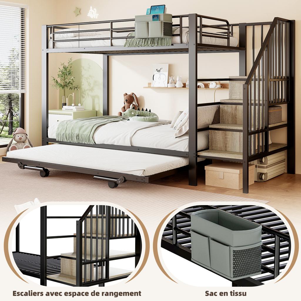 Bunk Bed, 90 x 200 cm, 180 x 200 cm, Iron Frame, Pull-Out Bed Design, Fabric Bag, Staircase Constructions with Storage Space, without Mattress, black