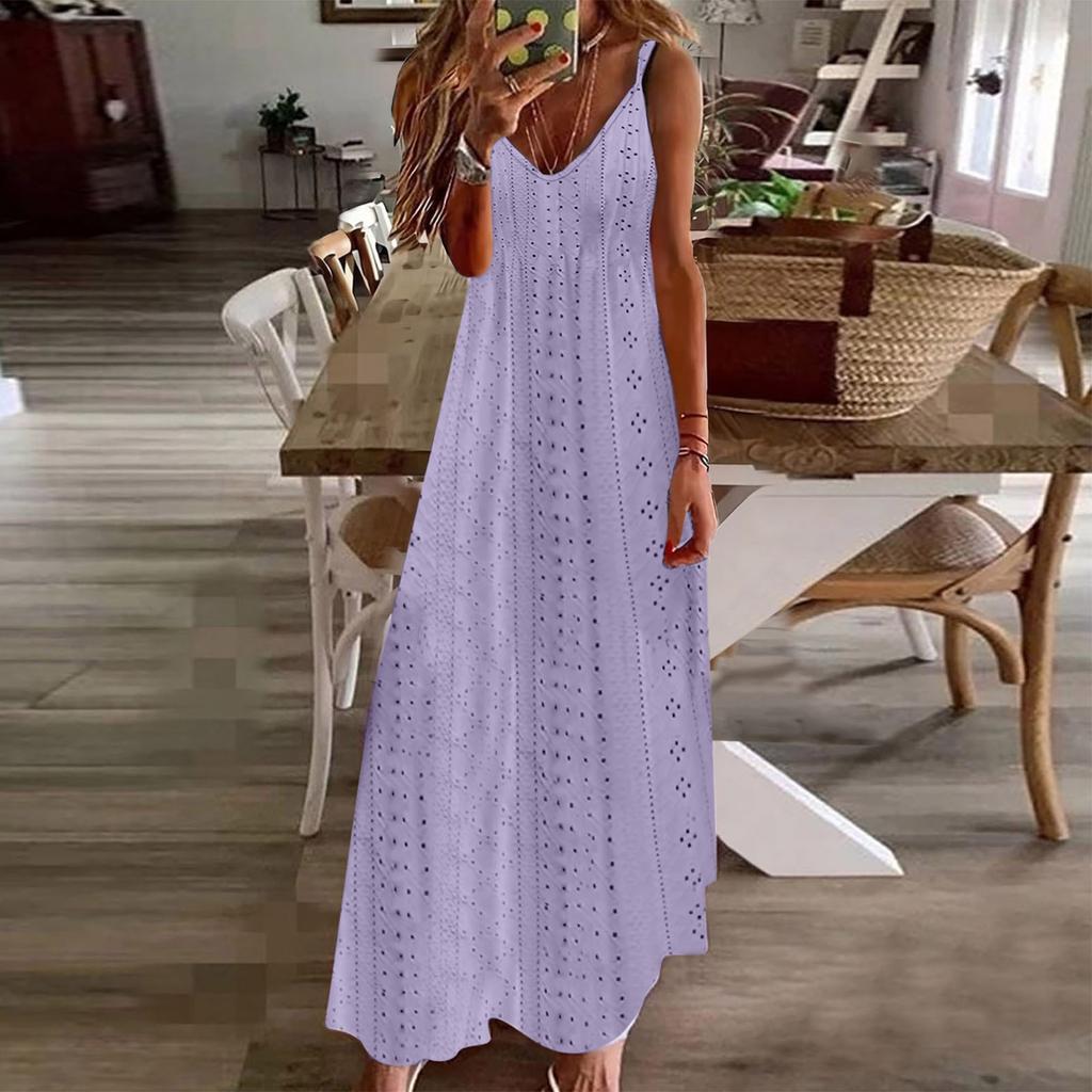 Women's Hollowed Out Vacation Long Dress Color Sleeveless Suspender V-neck Dress