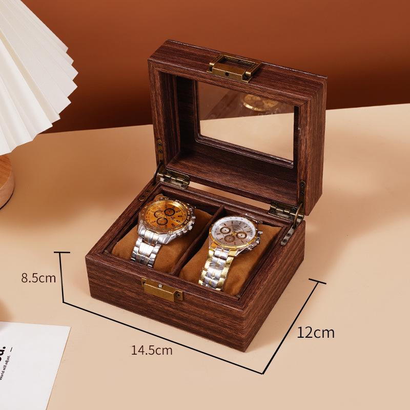 Exquisite Vintage Wood Grain Leather Watch Box with Dustproof Glass Lid for Wristwatch Display and Storage.
