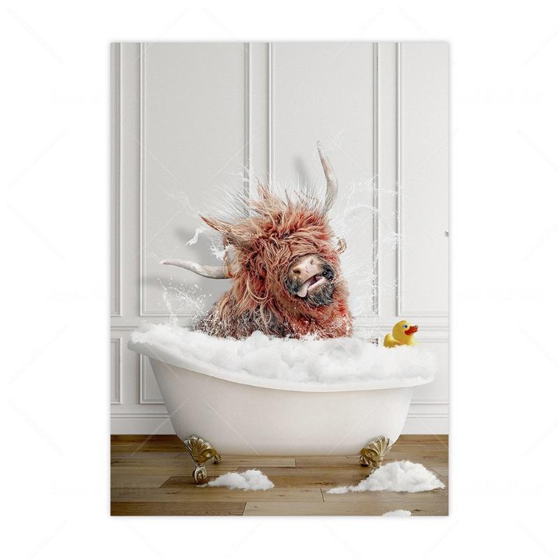 Смешные и милые холсты с животными, постеры для ванной комнаты, настенное искусство, горный бык, жираф, лев, фотографии для душа для декора туалета