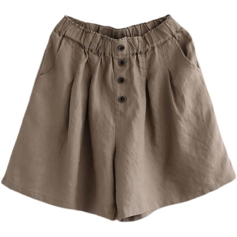 Женские повседневные шорты из хлопка и льна с высокой талией и широкими штанинами 2024 года – легкие летние средней длины