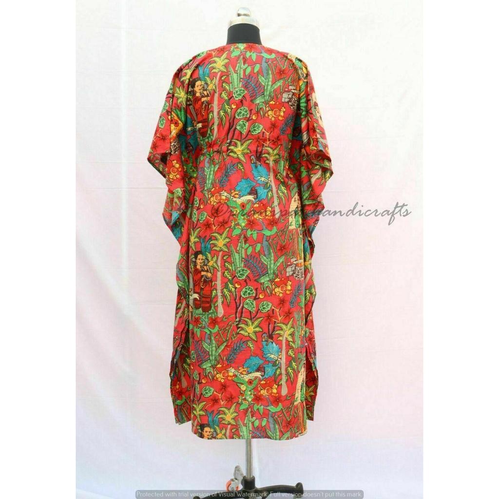 Индийское красное хлопковое платье с принтом Фриды Кало в стиле хиппи, женское ночное платье-кафтан CKFTN-SCRN-FULL-BUYIT-018