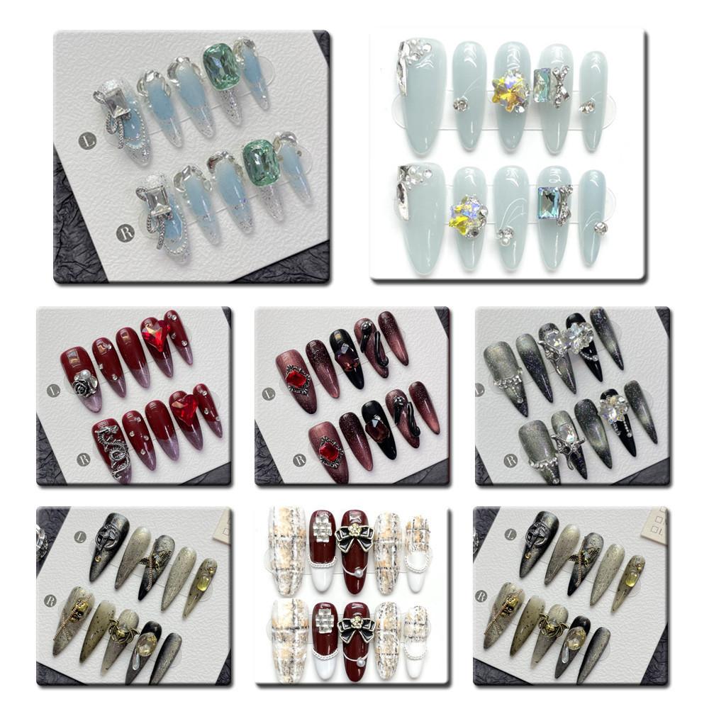 HANDMADE Long Water Drops Shape Artificial Nail Gentle Luxurious Hollow French High-end Light Blue Fine Sparkling Gemstones Phototherapy Nail
