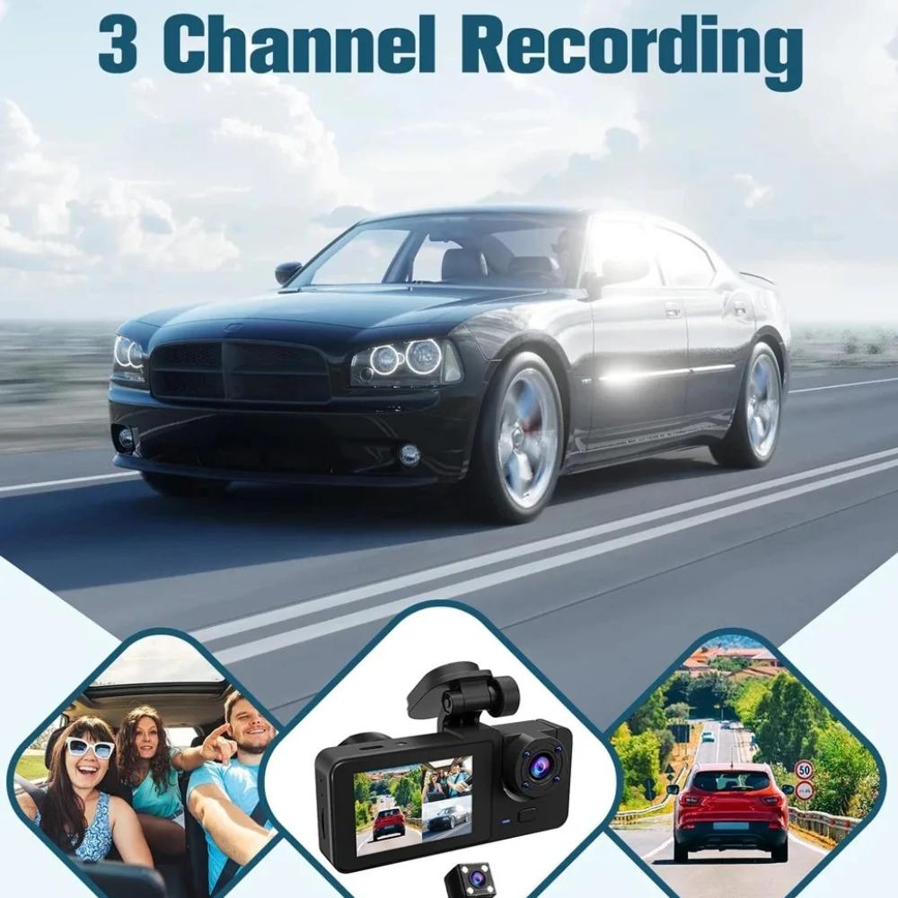 New 1080P HD Night Vision Car Driving Recorder 3-Channel Camera Video Recorder DVR Black Box Dual Lens with Rearview Camera HD Reversing Image