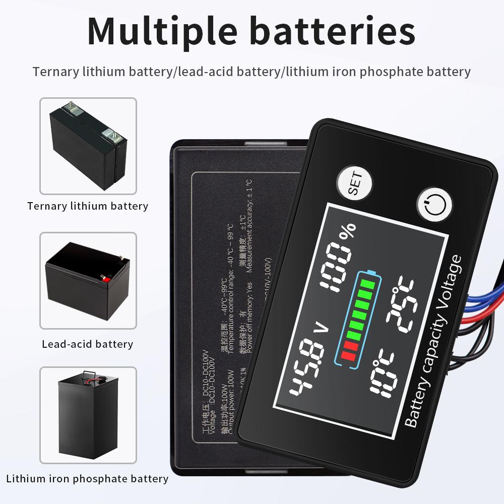 Индикатор емкости аккумулятора DC 10V-100V Свинцово-кислотный Литиевый LiFePO4 Автомобильный Мотоциклетный Вольтметр с контролем температуры