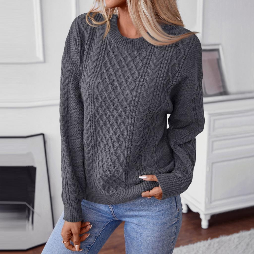 Women's Casual Fashion Round Neck Long Sleeved Knitting Sweater Top