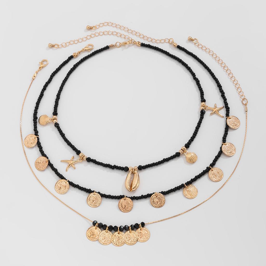 Literary and Retro-style Portrait, Coin Necklace, Unique Ethnic and Exotic Multi-layer Rice Bead Necklace