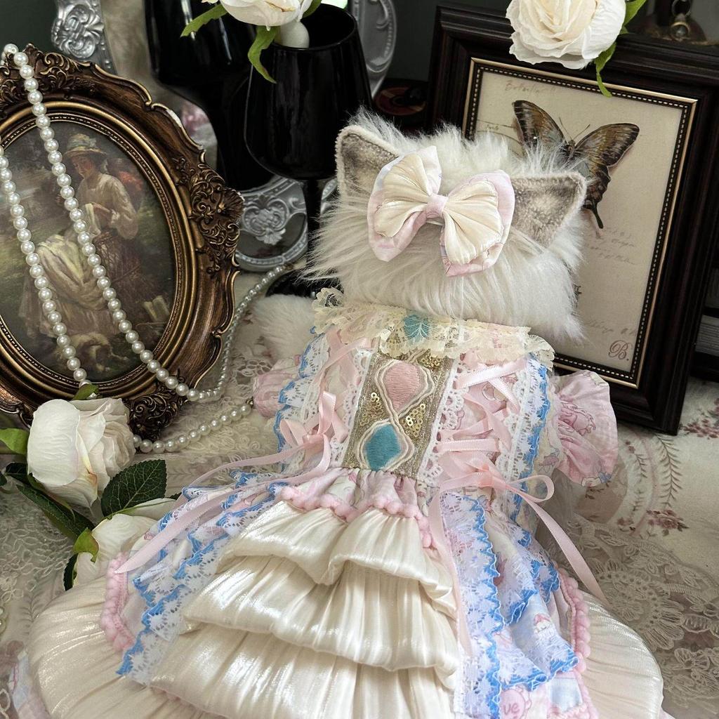 Spring and Summer Pink and Blue Contrasting Lace Edge Lolita Princess Dress Gorgeous Sweet Style Pet Kitten Small Dog Dress