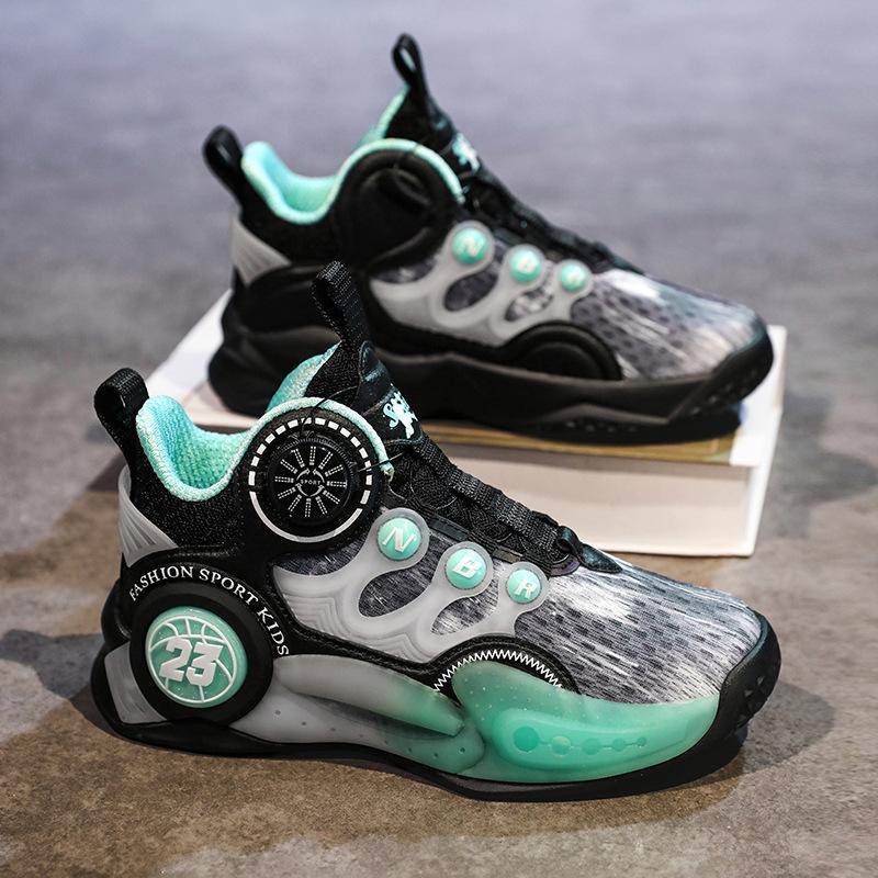 Практичная баскетбольная обувь, спортивная обувь, для детей среднего возраста, для мальчиков, детские кроссовки, дышащие, с тренировочной вращающейся пряжкой, осенне-зимние
