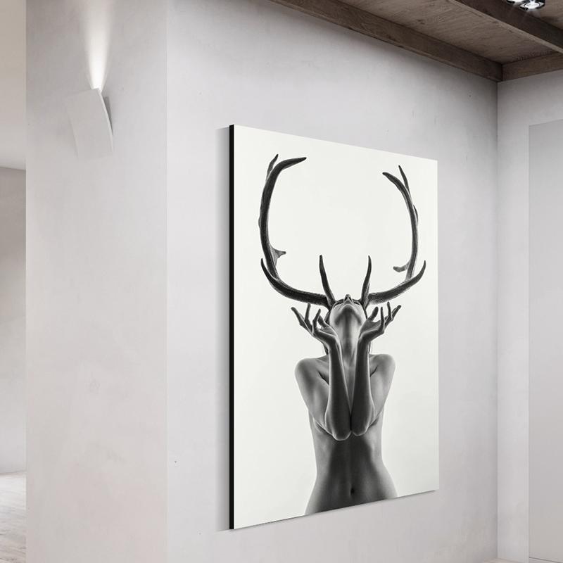 Nordic Simple Black and White Antlers Woman Model Abstract Canvas Painting Art Print Poster Wall Picture for Home Decoration