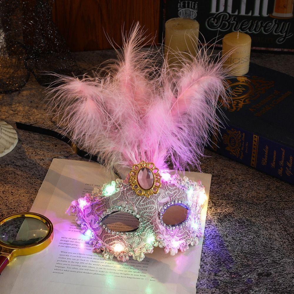 Rhinestone LED Glowing Mask Plastic Venice Masquerade Mask Creative Feather Mask  Halloween