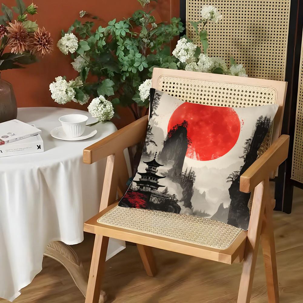 Japanese Red Moon Cushion Cover Silky Short Plush Invisible Zipper Dustproof Sofa Pillow Case for Home Decor