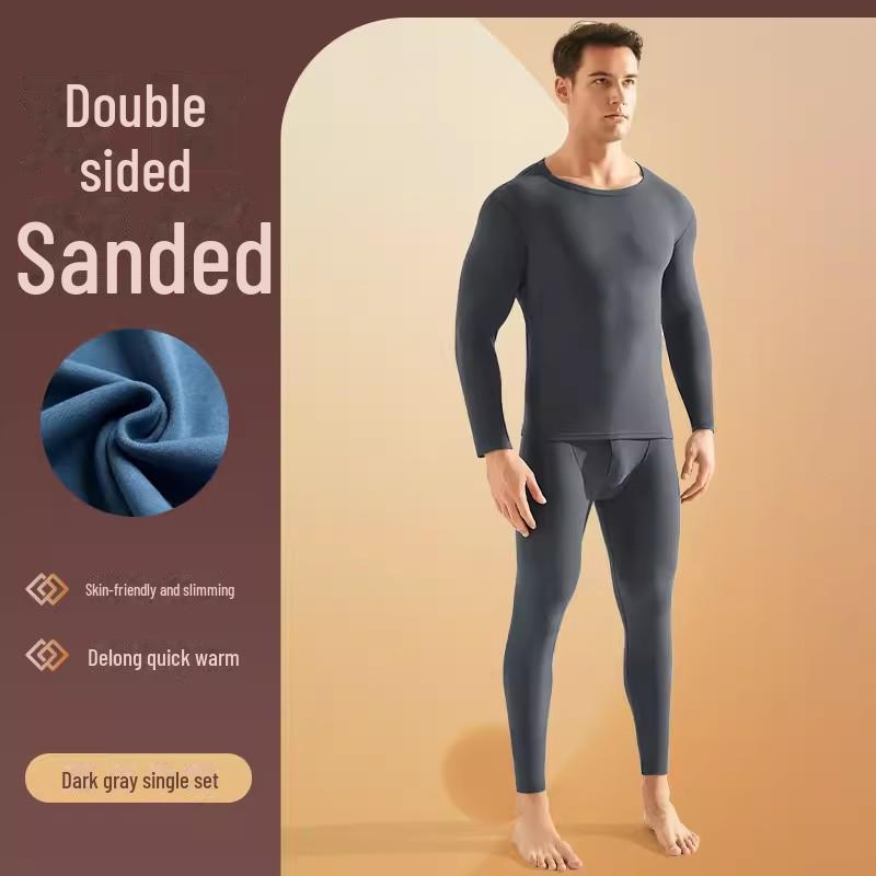 Мужской двухсторонний комплект термобелья из немецкого бархата - круглый вырез, зимний теплый костюм на осень 