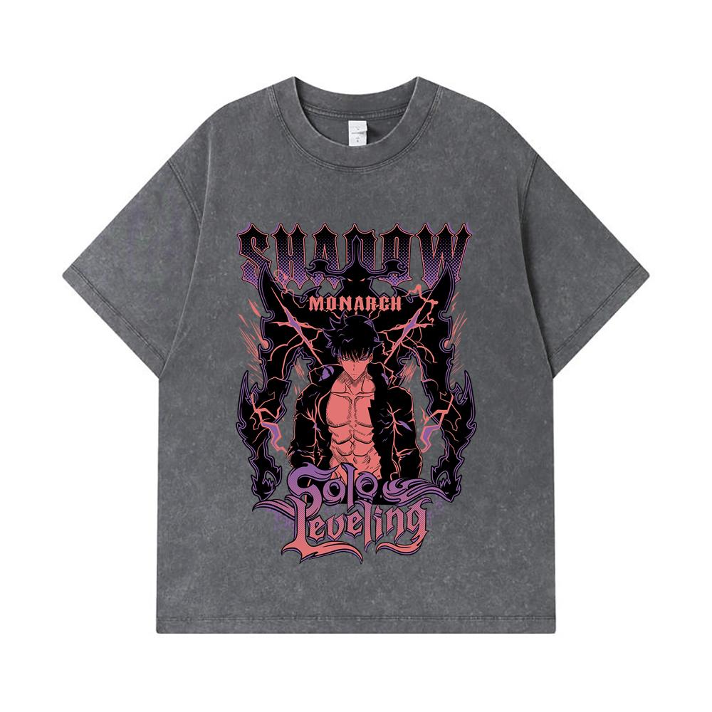 275 GSM Washed T-shirts 100% Cotton Solo Leveling V3 Shadow Monarch Print Unisex Heavy Cotton T Shirt