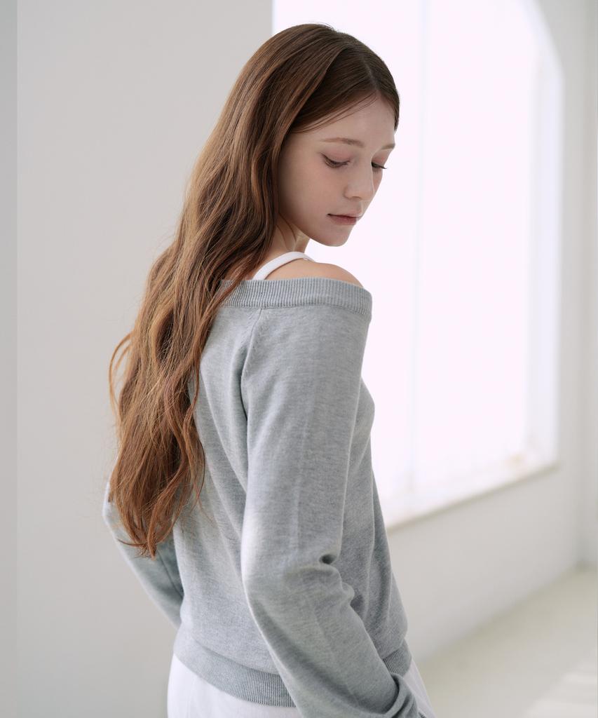 VLETI Boat Neck Raglan Loose-Fit Plain Knit (Gray)