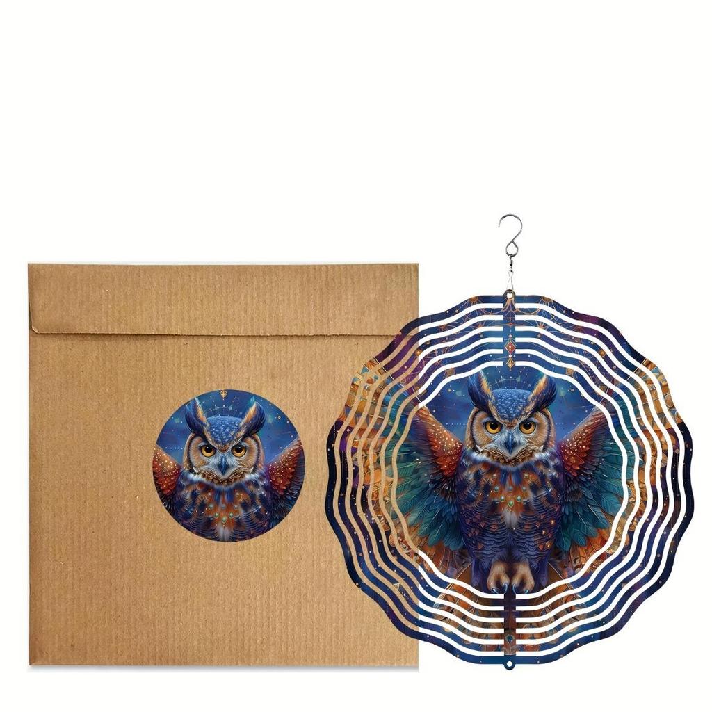 10-дюймовый металлический спиннер для ветра «Сова и звезды» - декоративная подвесная ветряная мельница для сада, патио, окна | Классический круглый дизайн