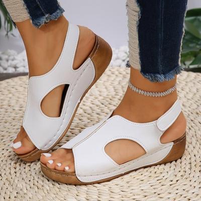 Мода 2025Сандалии для женщин Летние Ретро Однотонные Кожаные На танкетке Толстая подошва Большой размер Фиксация стопы Рыба Плоские сандалии