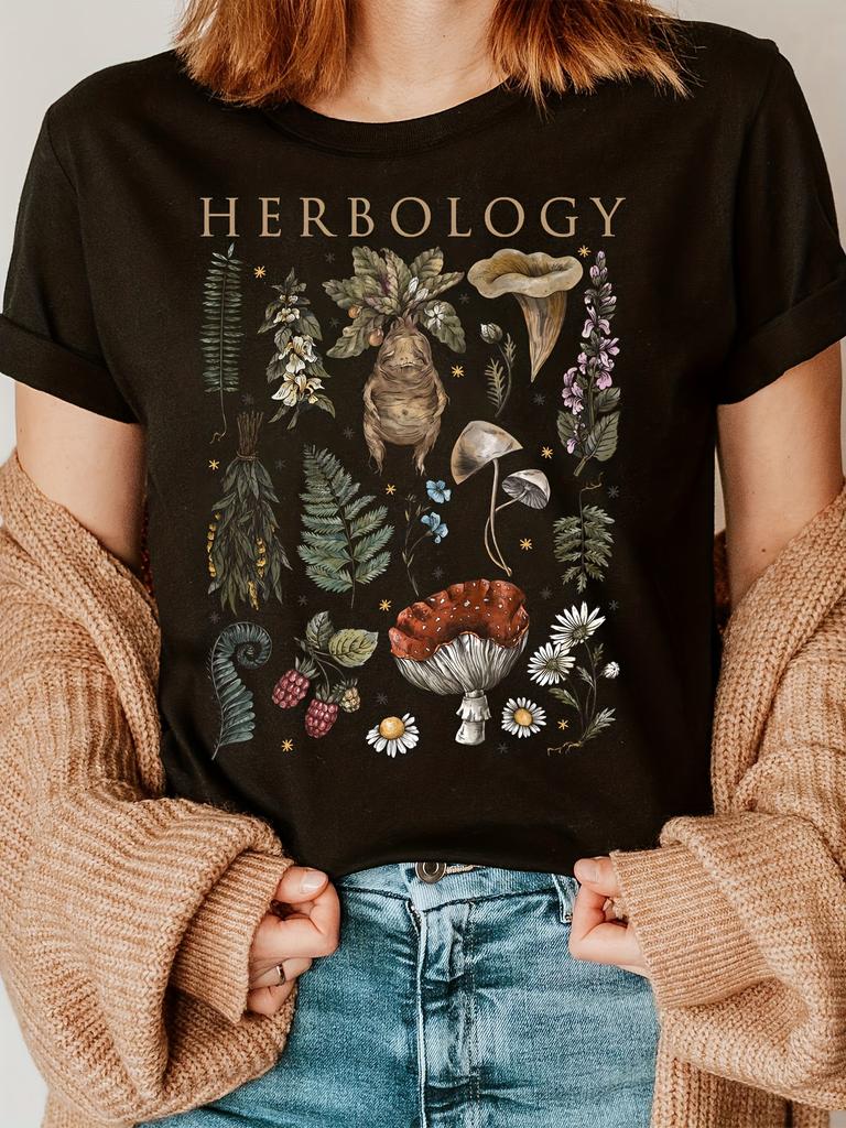Vintage Herbology Cotton Womens Retro Floral Print TShirt Soft Crew Neck Short Sleeve Top Shirt Floral Design