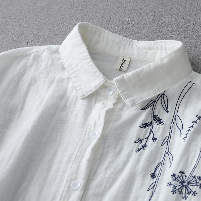 Осенняя художественная свободная вышитая хлопковая пряжа с лацканами и длинными рукавами женская рубашка, топ, блузки и рубашки