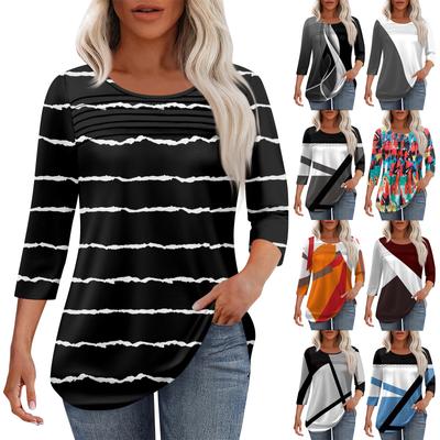 Женская мода круглый вырез шея плиссированная передняя планка однотонный топ рукав 3/4