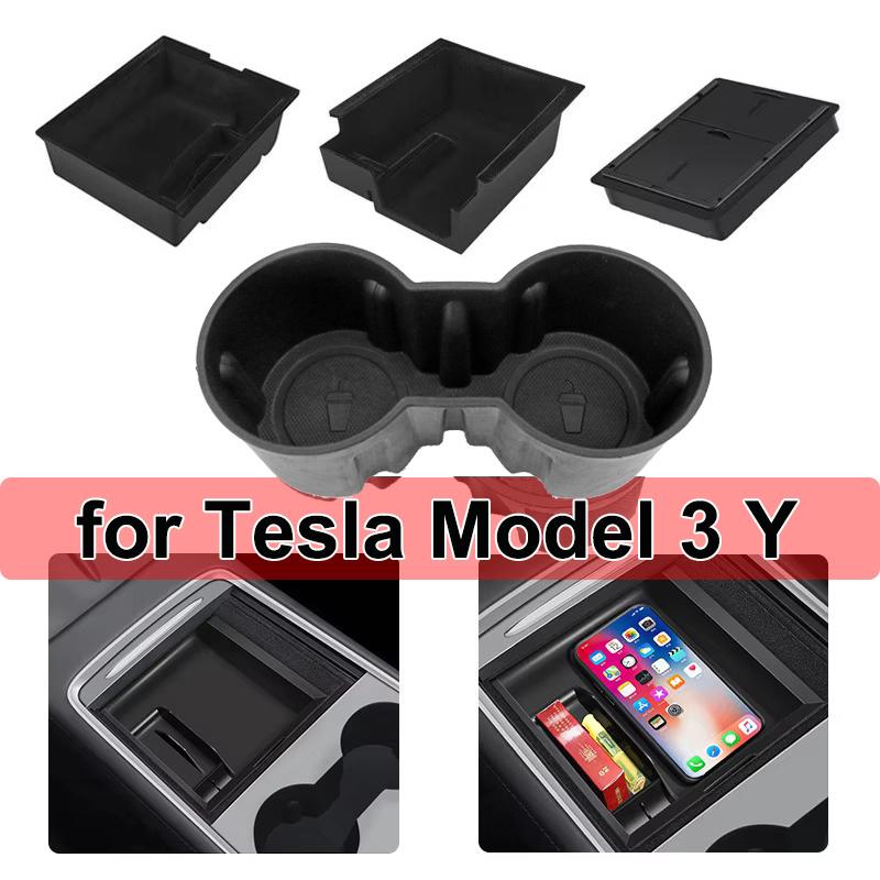 For Tesla Model Y 3 Center Console Storage Organizer Box Tray Armrest Hidden Box Bins Cup Holder Auto Interior Accessories