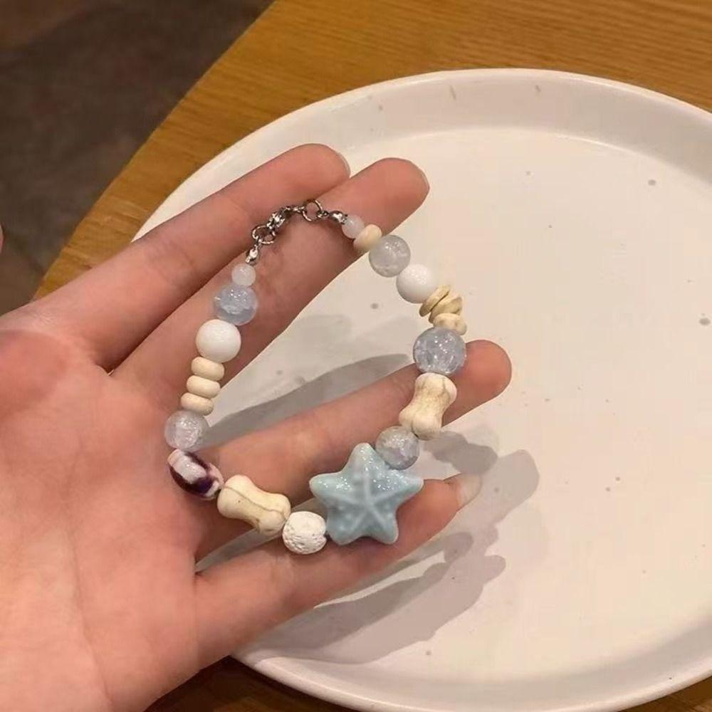 Y2K Colorful Beaded Bracelets Pink Blue Beaded Bangle Cute Starfish Bracelet Marine Accessories