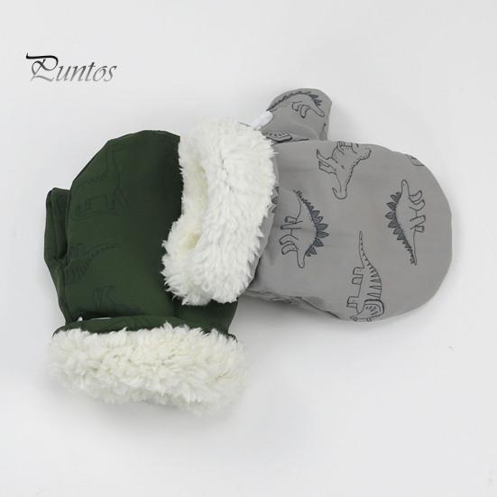1 Pair Children Winter Mittens Thick Plush-lined Windproof Cartoon Dinosaur Cold Weather Outdoor Gloves Adjustable Fasten Strap Anti-Slip Ski Gloves