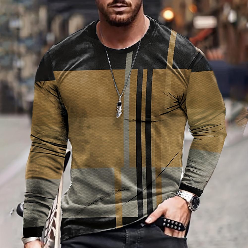 Цветная блокировка, трехмерный принт, мужская осенне-зимняя свободная повседневная рубашка с круглым вырезом и длинными рукавами, оверсайз, одежда в стиле ретро