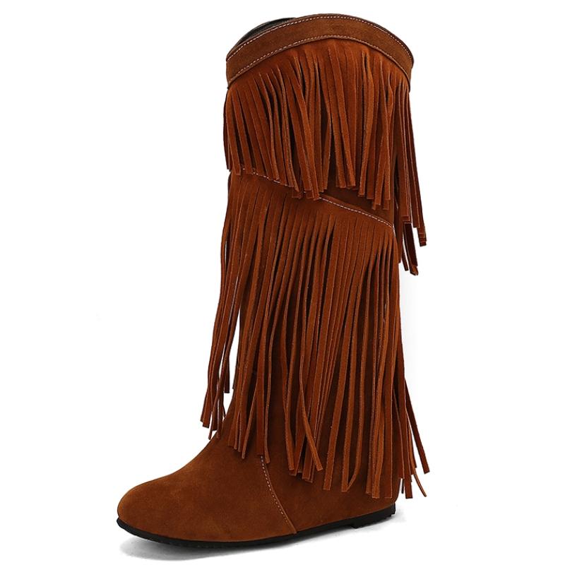 Женские сапоги до середины голени с бахромой, сексуальные зимние туфли, черные, бежевые, на танкетке, женские туфли, увеличивающие рост, большой размер 48