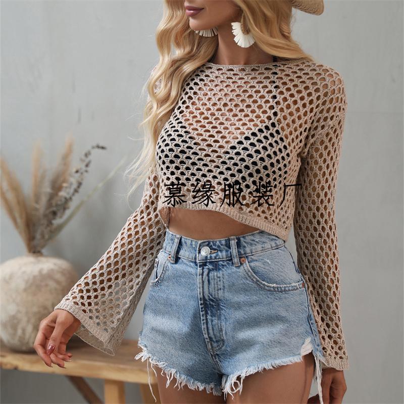 Весна и Лето Новый Пуловер Вязаный Свитер Рукав-труба Свободный Круглый вырез Ажурный Свитер Женский