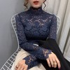 Spring Half High Collar Slim Long Sleeve T-shirt Women Autumn and Winter Hollow Lace Bottoming Shirt Top