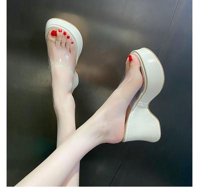 Прозрачный ремень с открытым носком на толстой подошве водонепроницаемый стол, крутые шлепанцы на супервысоком каблуке, женский внешний плетеный клиновидный каблук, полуторные шлепанцы,