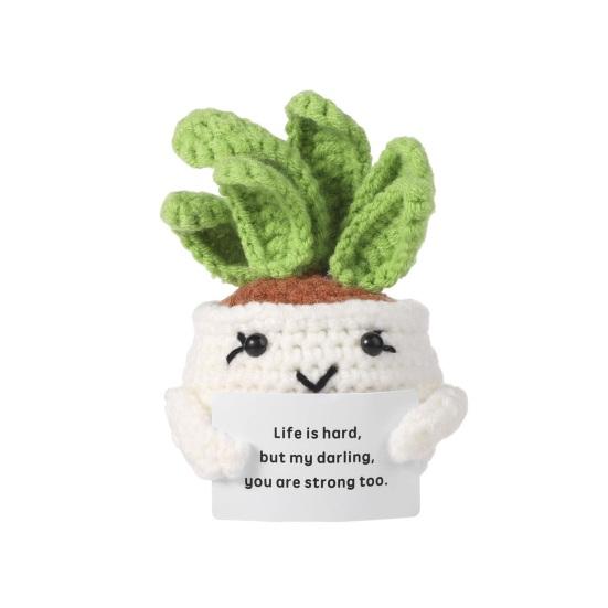 Crocheted Doll Cactus Succulent Doll with Cheer-up Card Tabletop Ornament Positive Crochet Figurine