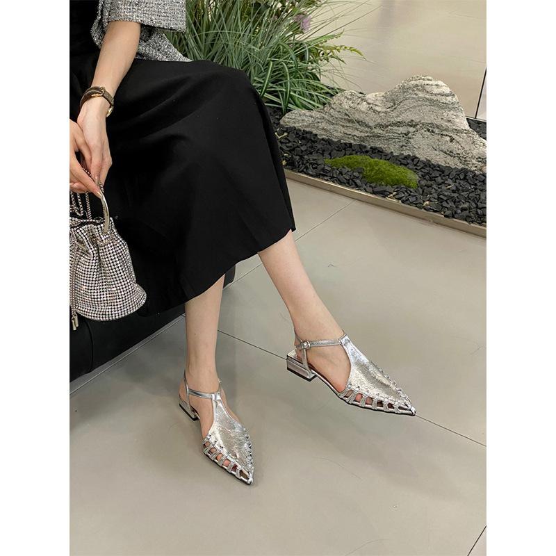 Красивый! Ретро римские плетеные сандалии с полой головкой-мешком женские летние новые французские темпераментные туфли с острым носком на толстом каблуке