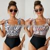 2023 European & American Color Block Ruffle Print One-Piece Swimsuit with U-Neck and Spaghetti Straps