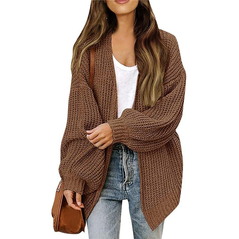 Women's Open Front Knit Cardigan Lantern Sleeve Oversized Sweater Coat