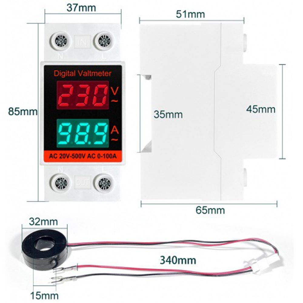 Din Rail Voltmeter Ammeter 2 in 1 AC Monitor Single Phase Voltage Current Power Meter AC20-500V AC0-100A VOLT AMP Detector
