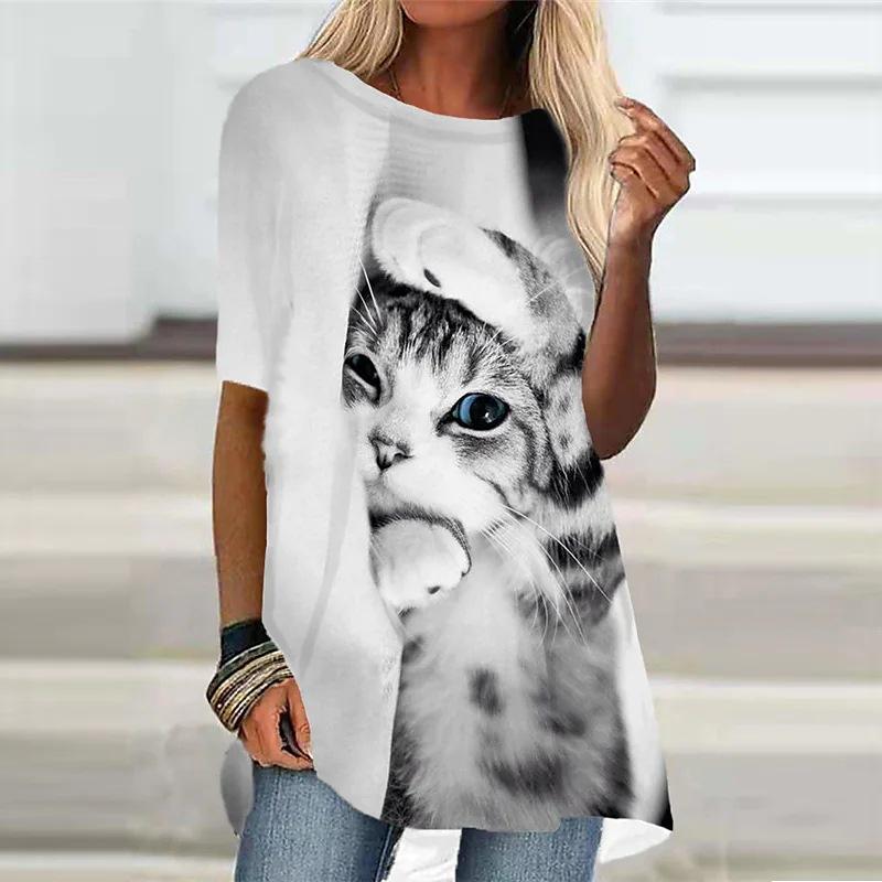Летние футболки с 3D-принтом «Кошки и животные», женская уличная одежда, повседневная футболка с коротким рукавом, свободные топы Y2K, туники, футболки, женская одежда