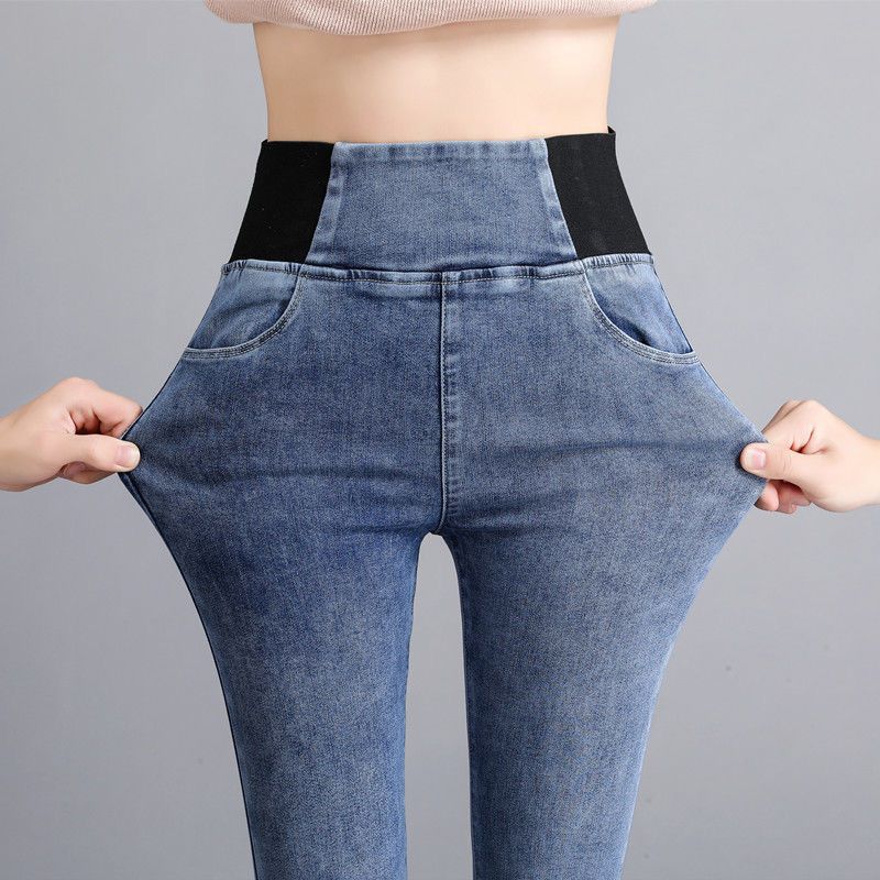 Women's Fashion Spring Autumn Pencil Pants 3 Colors Stretch Denim Skinny Slim Jeans Pants High Waist Jeans Trousers Plus Size