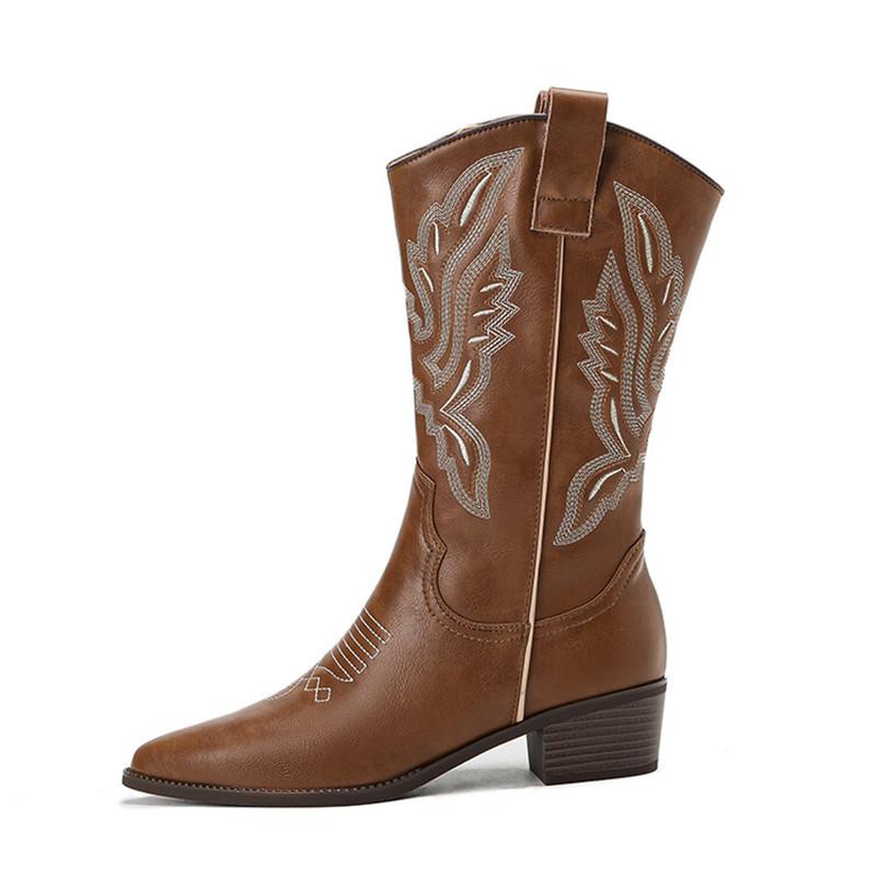 Модные женские ботинки из спилковой кожи на осень-зиму, модные вышитые ботинки с острым носком для женщин, ботинки до середины икры, ботильоны женские, рыцарские ботинки