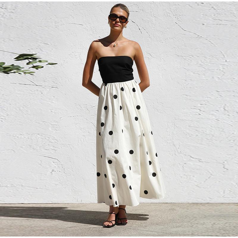 Сексуальное лоскутное женское длинное платье в горошек с открытыми плечами, приталенное, без рукавов, длинное платье для лета 2025 года, пляжное платье